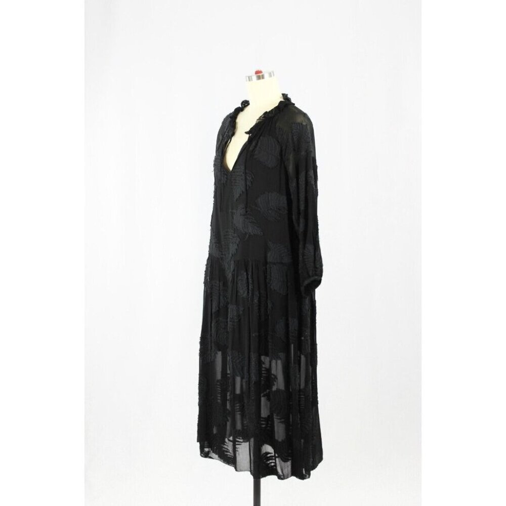 Aritzia WILFRED Dufour Black Sheer Leaf Jacquard Midi Peasant Dress, Size S - Picture 4 of 16